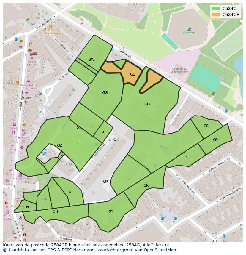 Afbeelding van het postcodegebied 2584 GE op de kaart.