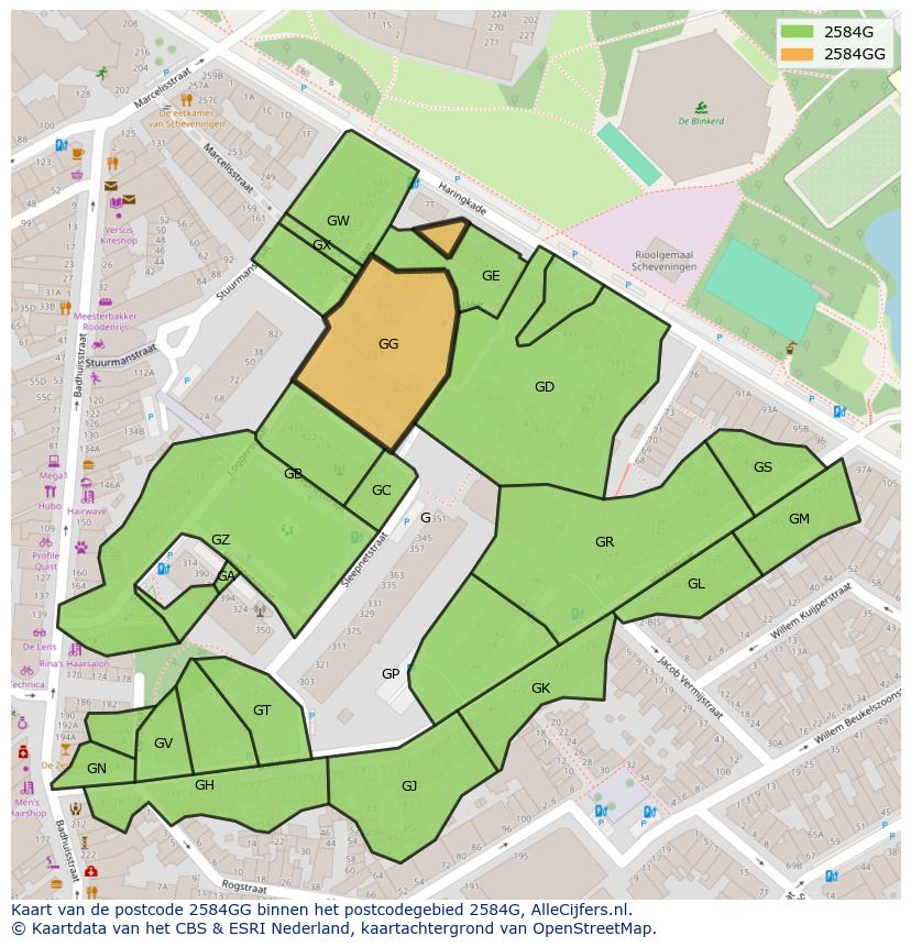 Afbeelding van het postcodegebied 2584 GG op de kaart.