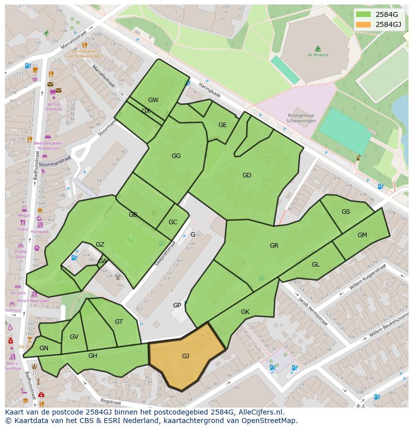 Afbeelding van het postcodegebied 2584 GJ op de kaart.