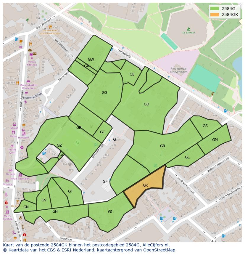Afbeelding van het postcodegebied 2584 GK op de kaart.