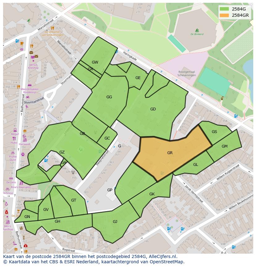 Afbeelding van het postcodegebied 2584 GR op de kaart.