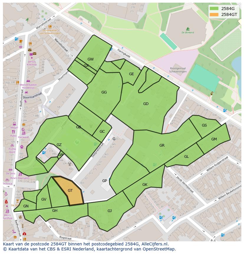 Afbeelding van het postcodegebied 2584 GT op de kaart.