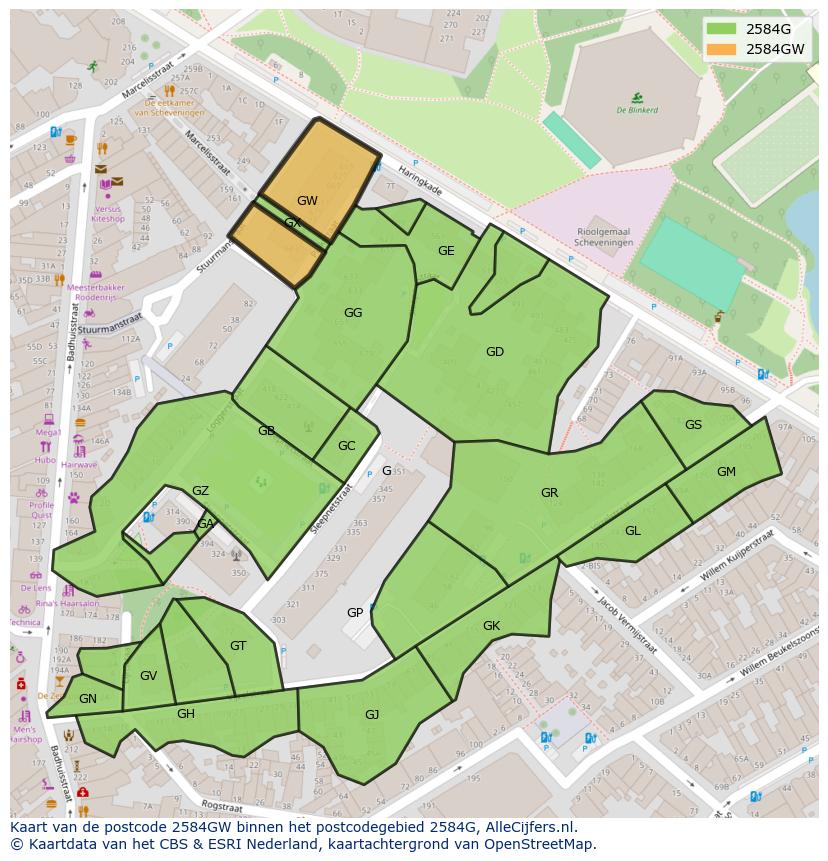 Afbeelding van het postcodegebied 2584 GW op de kaart.