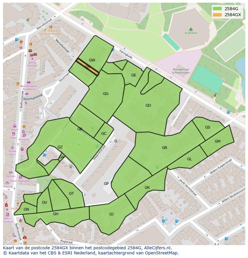 Afbeelding van het postcodegebied 2584 GX op de kaart.