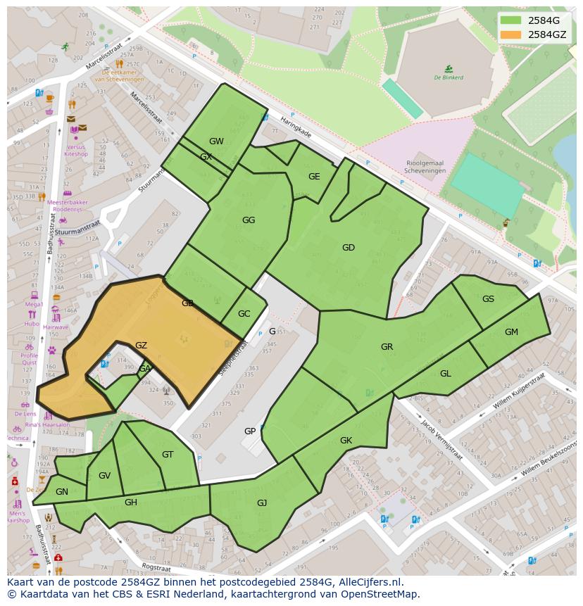 Afbeelding van het postcodegebied 2584 GZ op de kaart.
