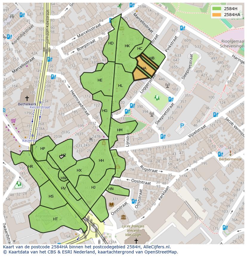 Afbeelding van het postcodegebied 2584 HA op de kaart.
