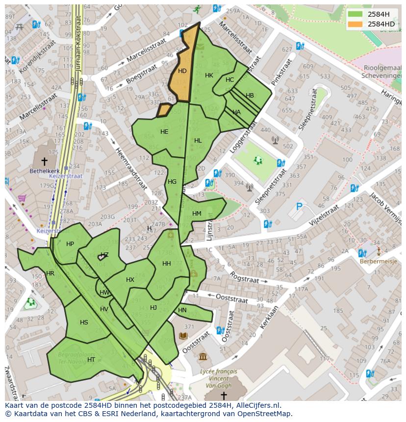 Afbeelding van het postcodegebied 2584 HD op de kaart.