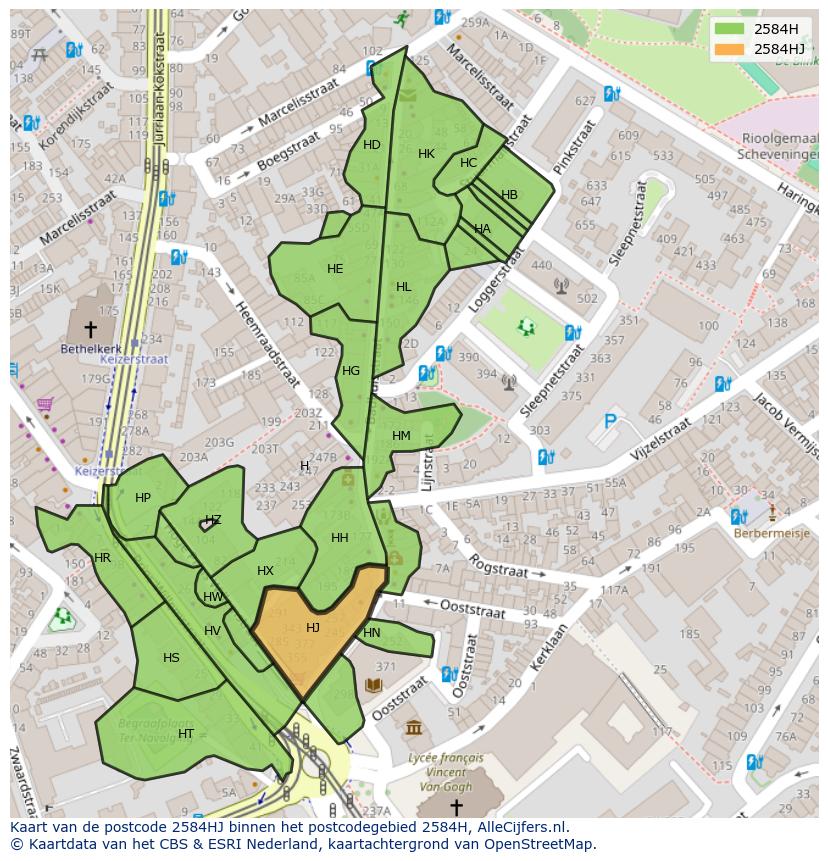 Afbeelding van het postcodegebied 2584 HJ op de kaart.