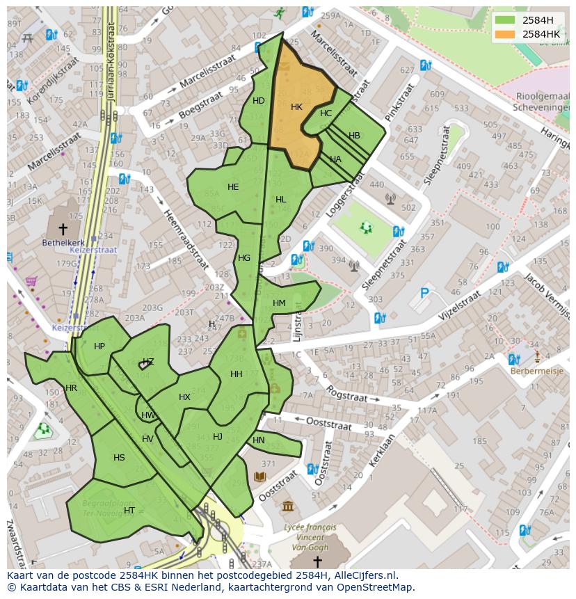 Afbeelding van het postcodegebied 2584 HK op de kaart.
