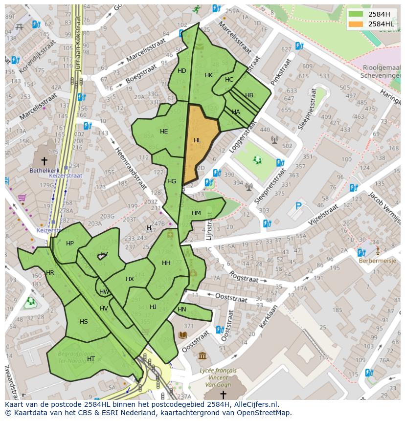 Afbeelding van het postcodegebied 2584 HL op de kaart.