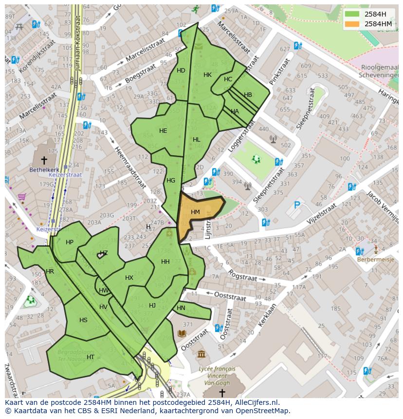 Afbeelding van het postcodegebied 2584 HM op de kaart.