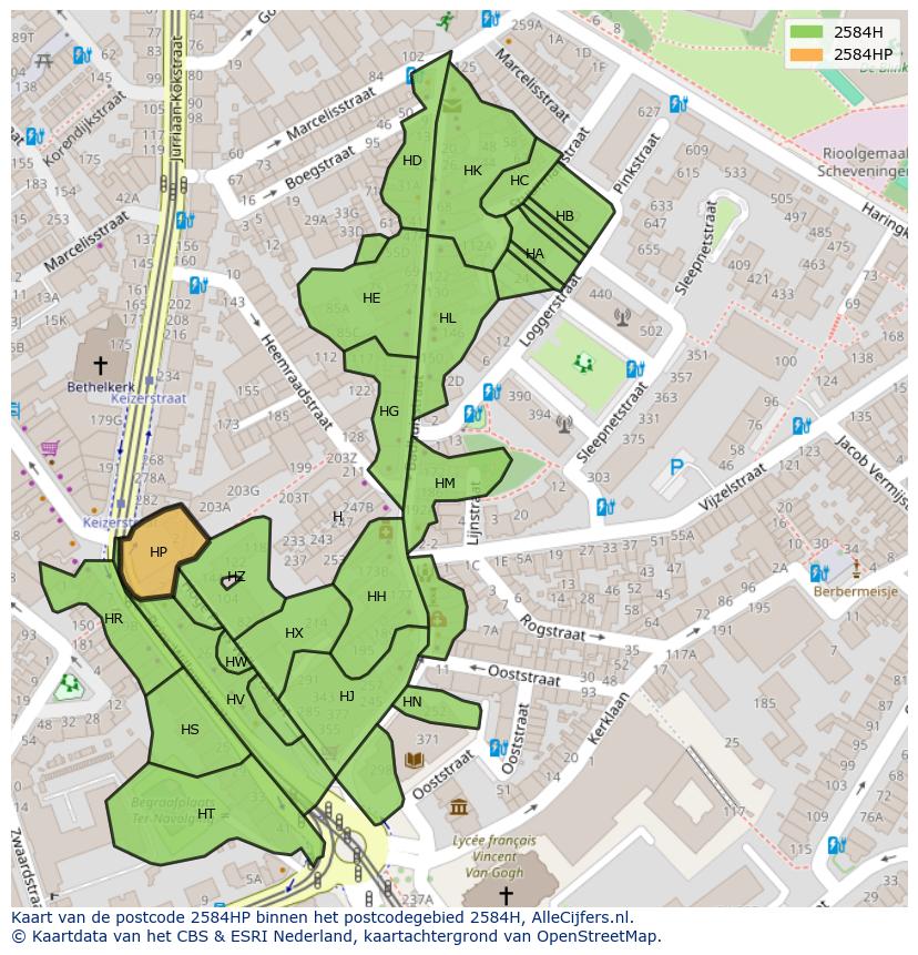 Afbeelding van het postcodegebied 2584 HP op de kaart.