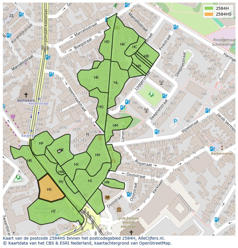 Afbeelding van het postcodegebied 2584 HS op de kaart.