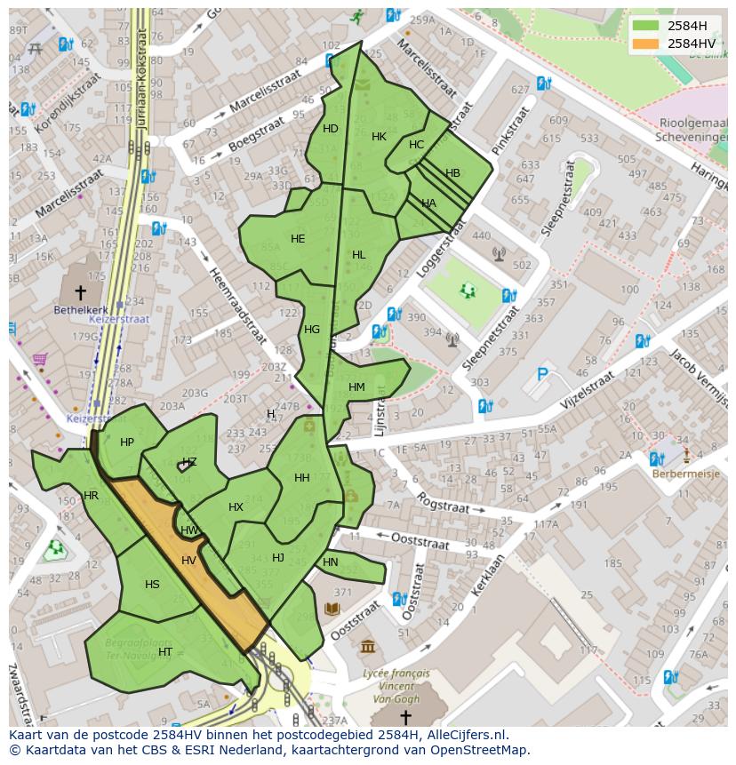 Afbeelding van het postcodegebied 2584 HV op de kaart.