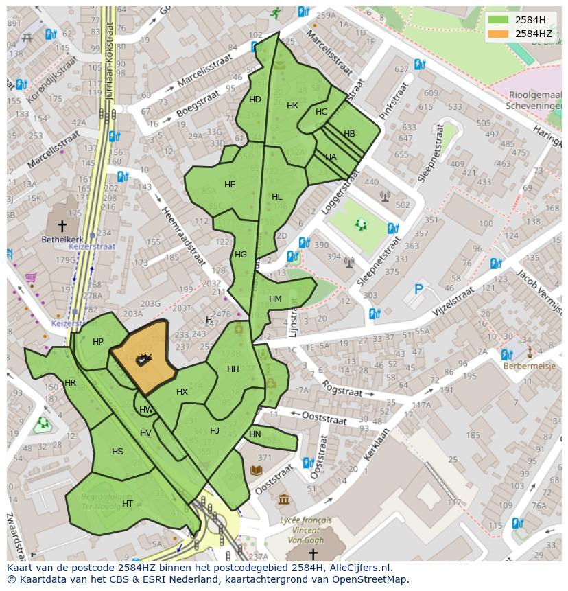 Afbeelding van het postcodegebied 2584 HZ op de kaart.
