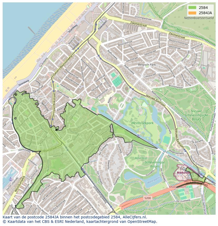 Afbeelding van het postcodegebied 2584 JA op de kaart.