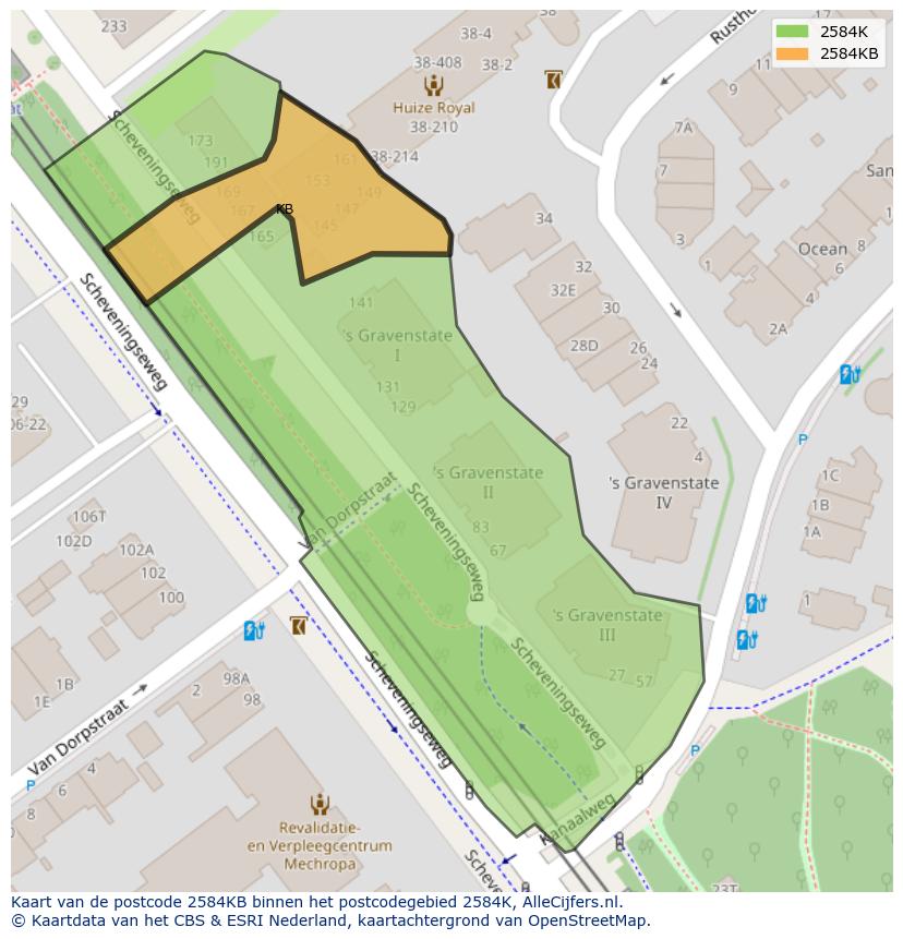 Afbeelding van het postcodegebied 2584 KB op de kaart.