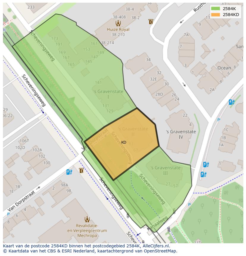 Afbeelding van het postcodegebied 2584 KD op de kaart.