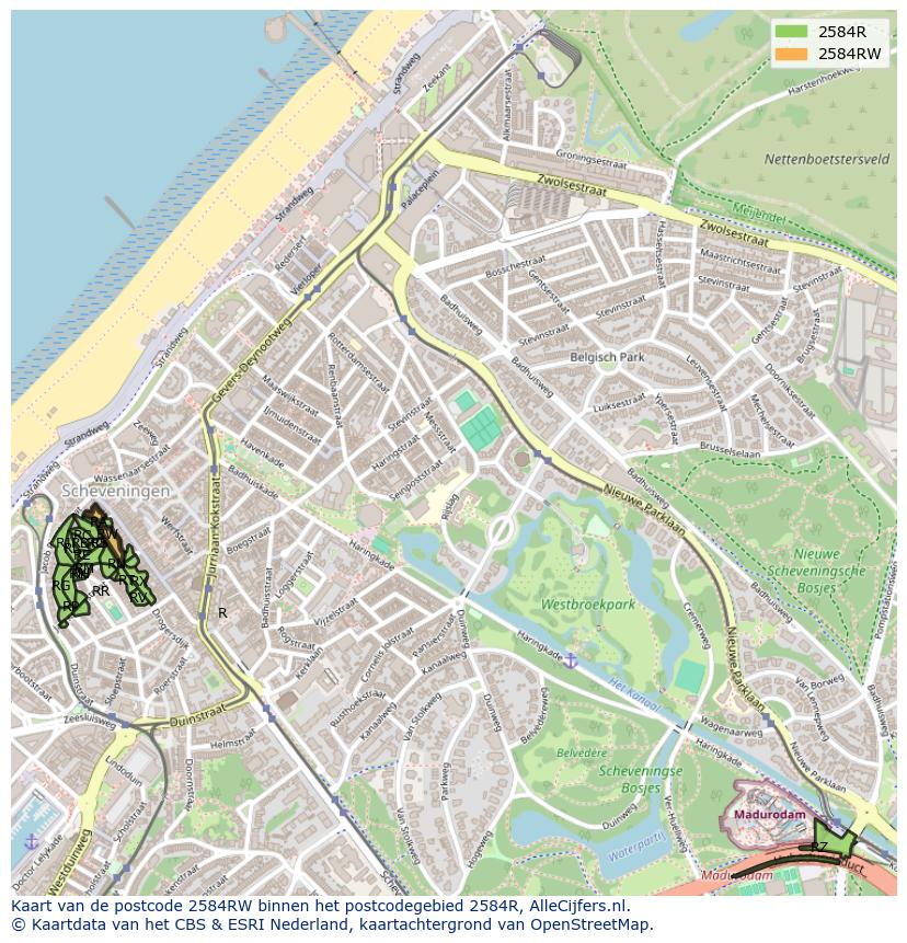 Afbeelding van het postcodegebied 2584 RW op de kaart.