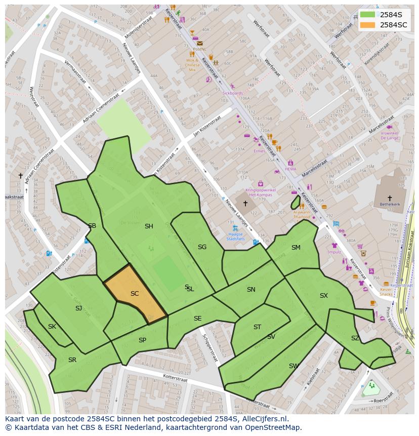 Afbeelding van het postcodegebied 2584 SC op de kaart.