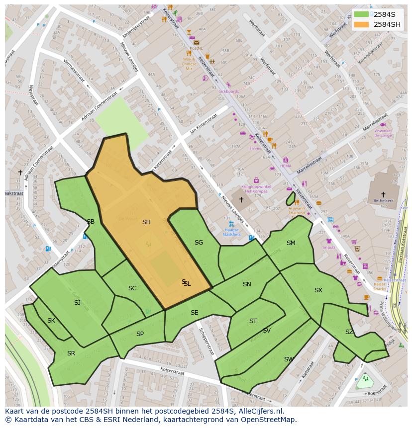 Afbeelding van het postcodegebied 2584 SH op de kaart.