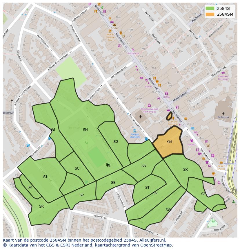 Afbeelding van het postcodegebied 2584 SM op de kaart.
