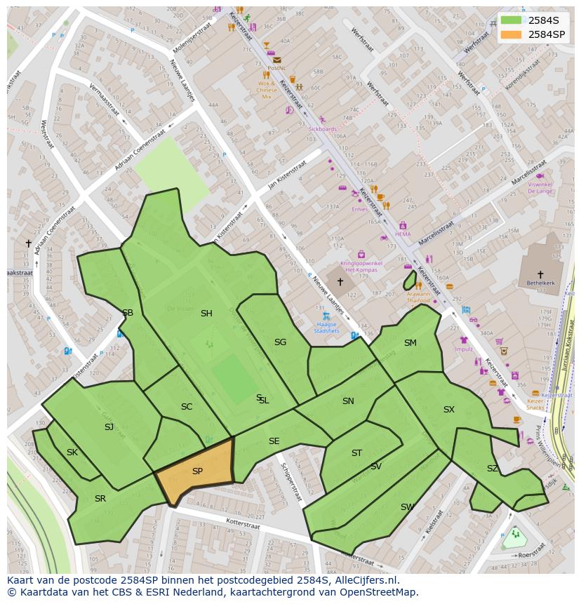 Afbeelding van het postcodegebied 2584 SP op de kaart.