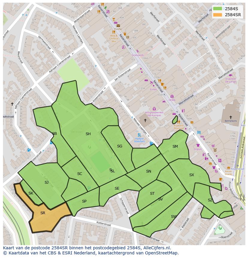 Afbeelding van het postcodegebied 2584 SR op de kaart.