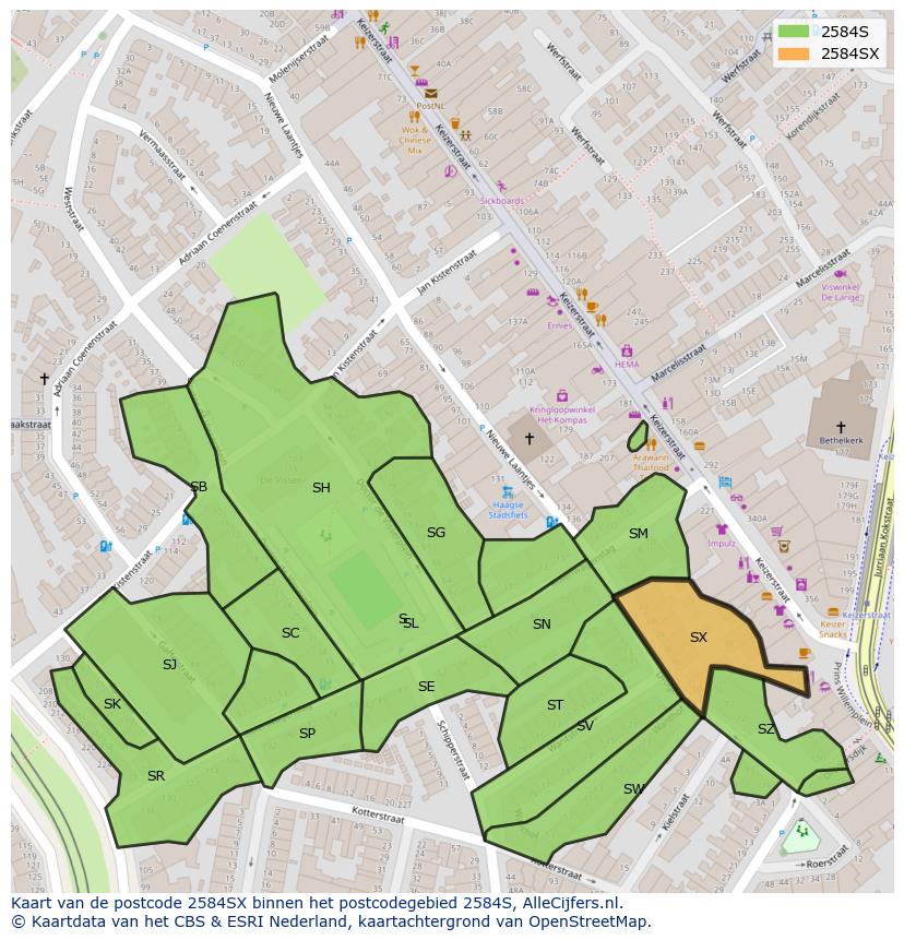 Afbeelding van het postcodegebied 2584 SX op de kaart.