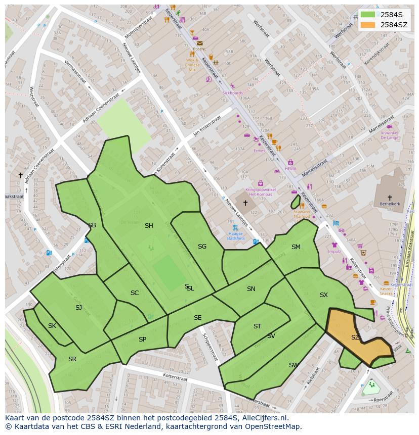 Afbeelding van het postcodegebied 2584 SZ op de kaart.