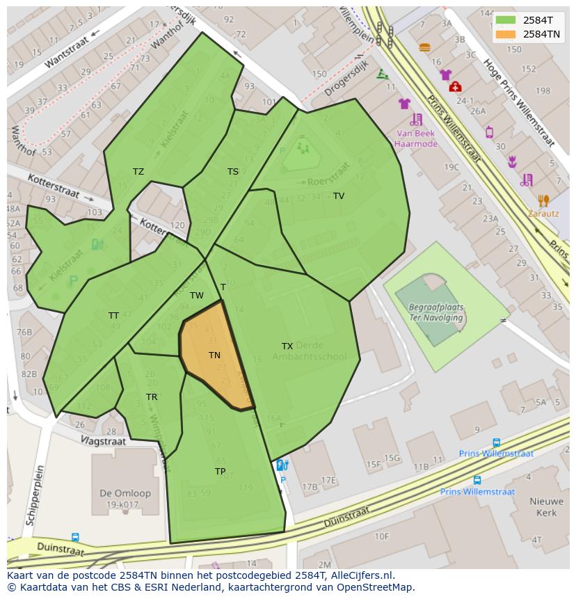 Afbeelding van het postcodegebied 2584 TN op de kaart.