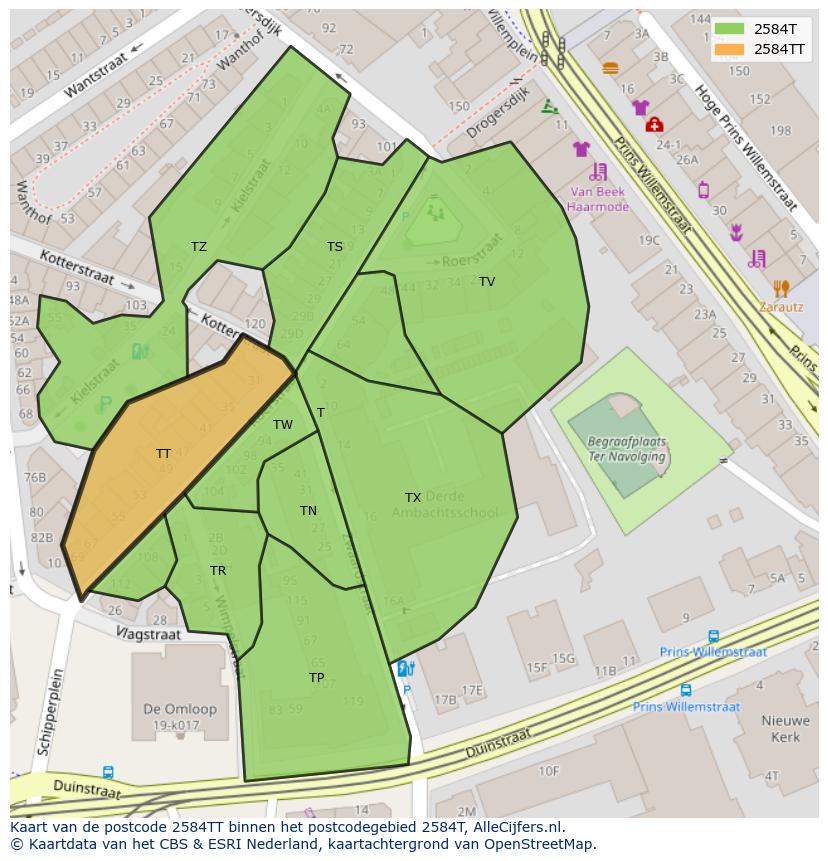 Afbeelding van het postcodegebied 2584 TT op de kaart.