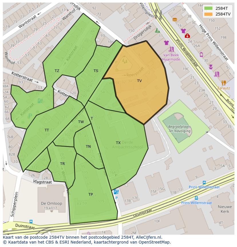 Afbeelding van het postcodegebied 2584 TV op de kaart.
