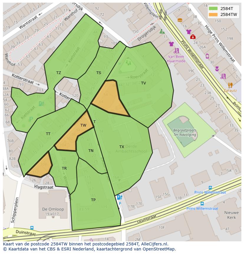 Afbeelding van het postcodegebied 2584 TW op de kaart.