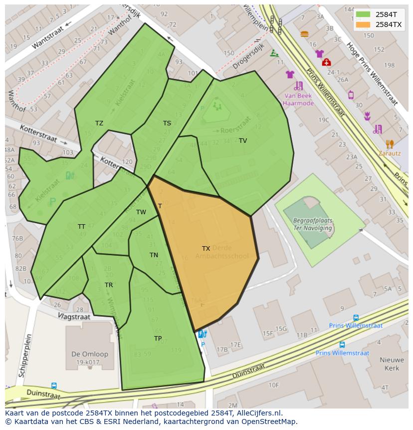 Afbeelding van het postcodegebied 2584 TX op de kaart.