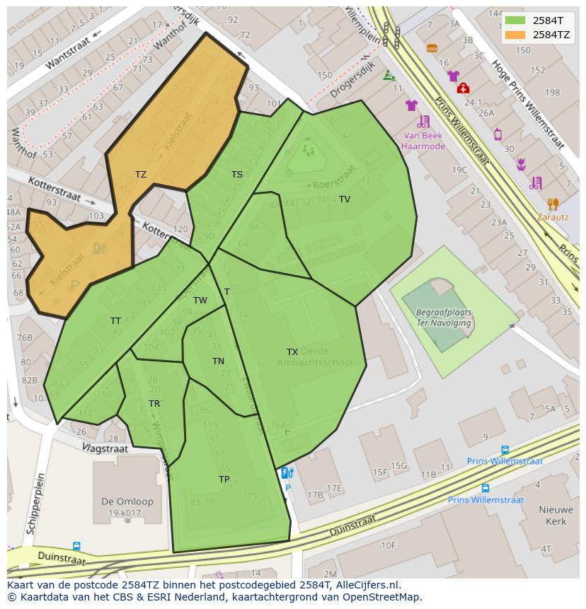 Afbeelding van het postcodegebied 2584 TZ op de kaart.
