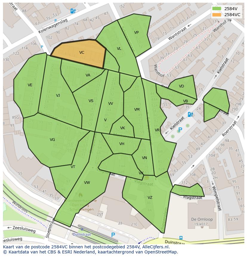 Afbeelding van het postcodegebied 2584 VC op de kaart.