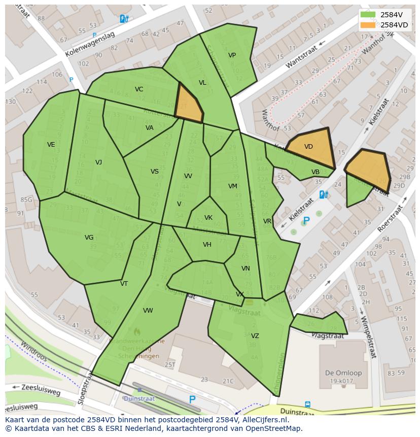 Afbeelding van het postcodegebied 2584 VD op de kaart.