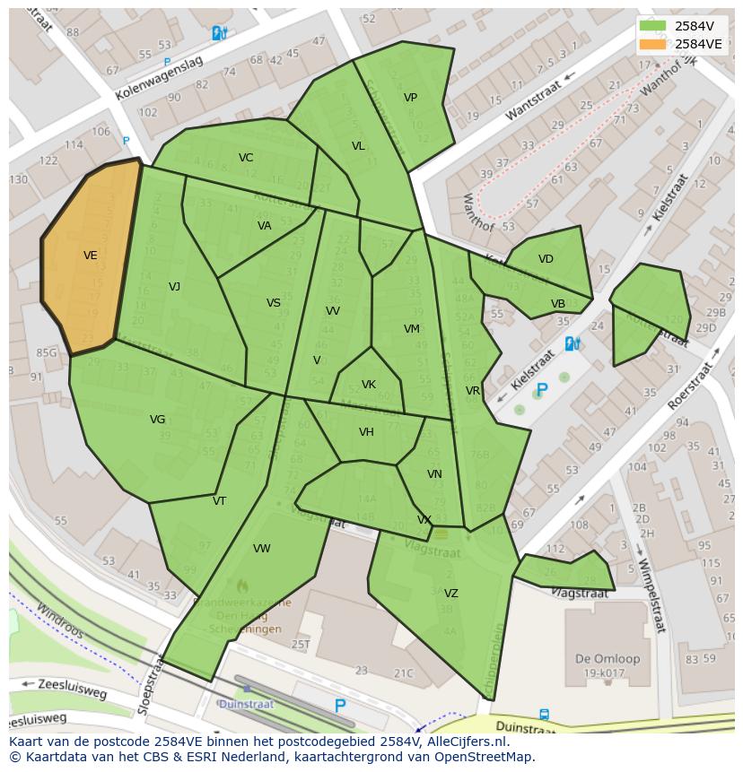 Afbeelding van het postcodegebied 2584 VE op de kaart.