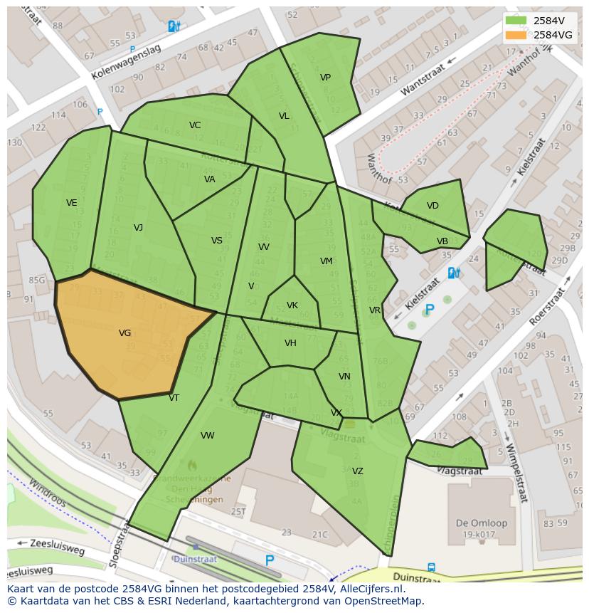 Afbeelding van het postcodegebied 2584 VG op de kaart.