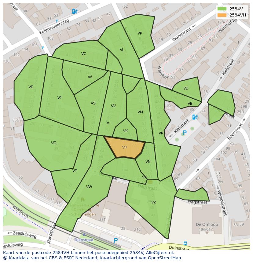 Afbeelding van het postcodegebied 2584 VH op de kaart.