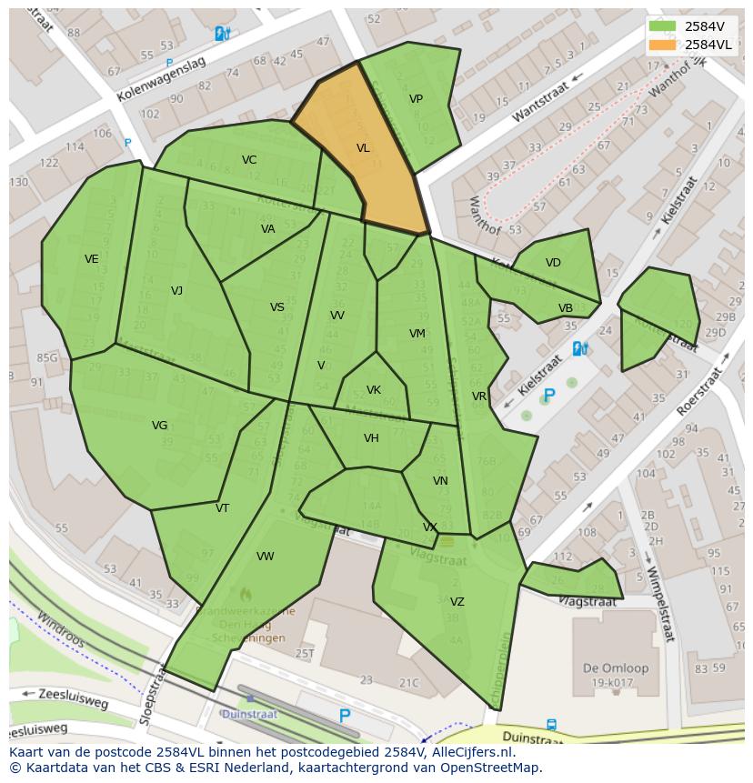 Afbeelding van het postcodegebied 2584 VL op de kaart.