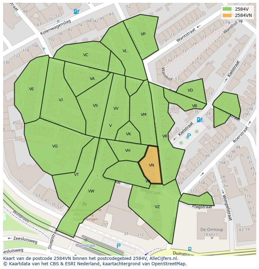 Afbeelding van het postcodegebied 2584 VN op de kaart.