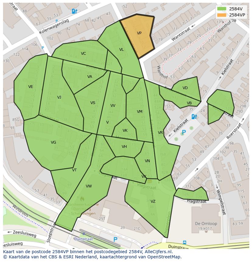 Afbeelding van het postcodegebied 2584 VP op de kaart.