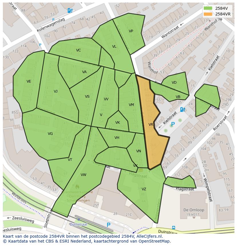 Afbeelding van het postcodegebied 2584 VR op de kaart.