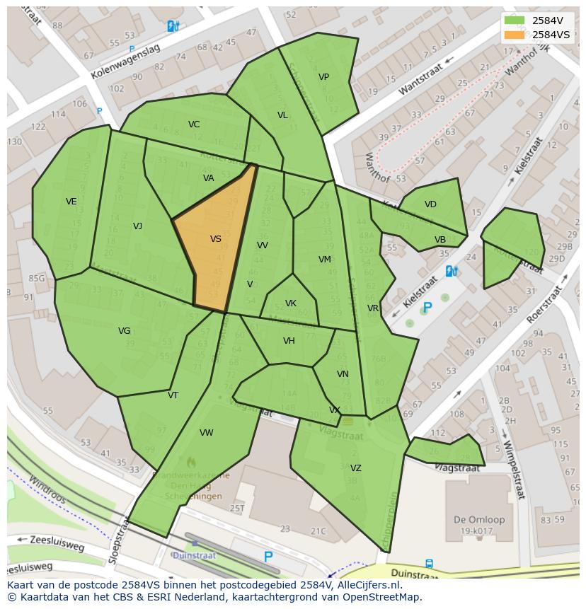 Afbeelding van het postcodegebied 2584 VS op de kaart.