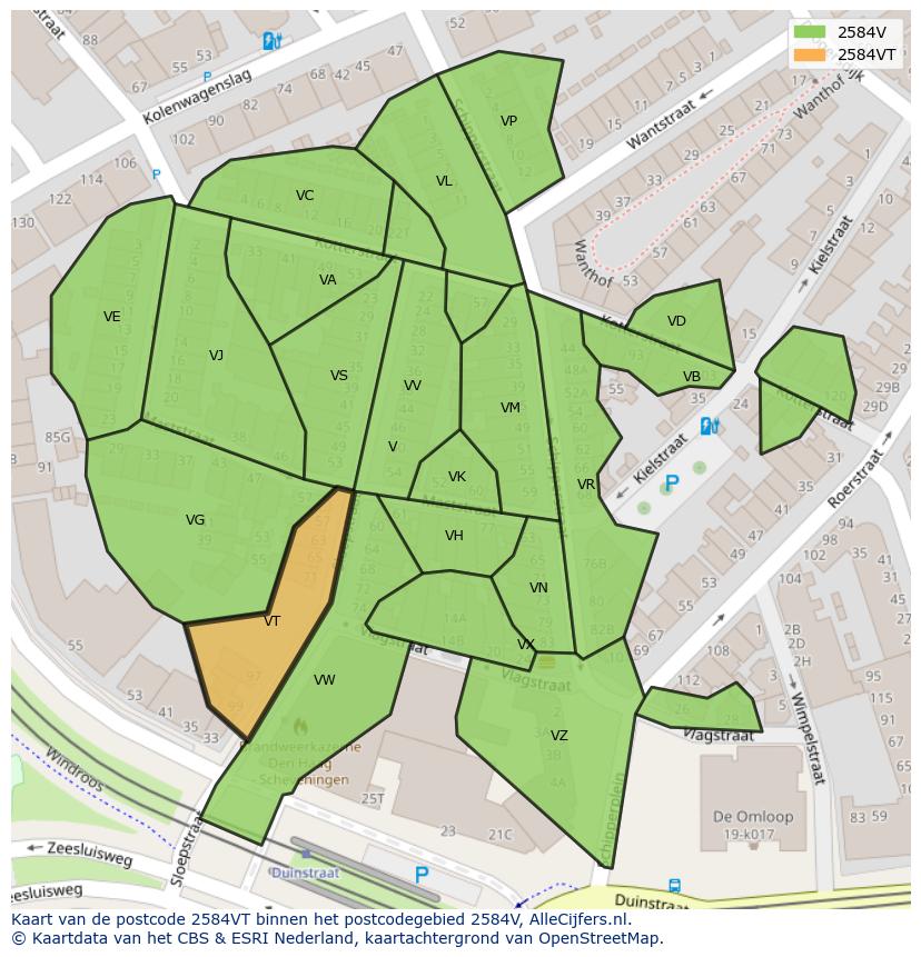 Afbeelding van het postcodegebied 2584 VT op de kaart.