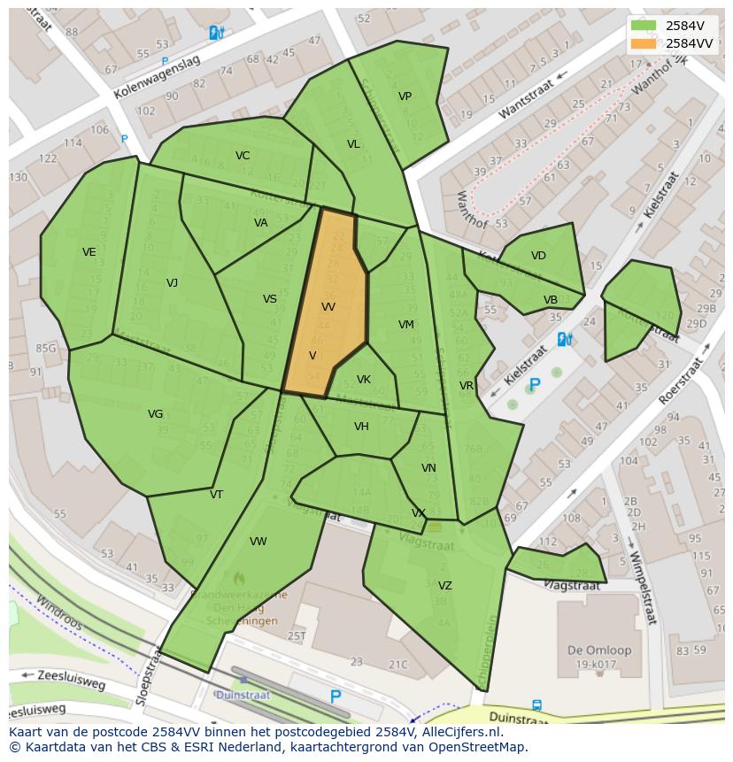 Afbeelding van het postcodegebied 2584 VV op de kaart.