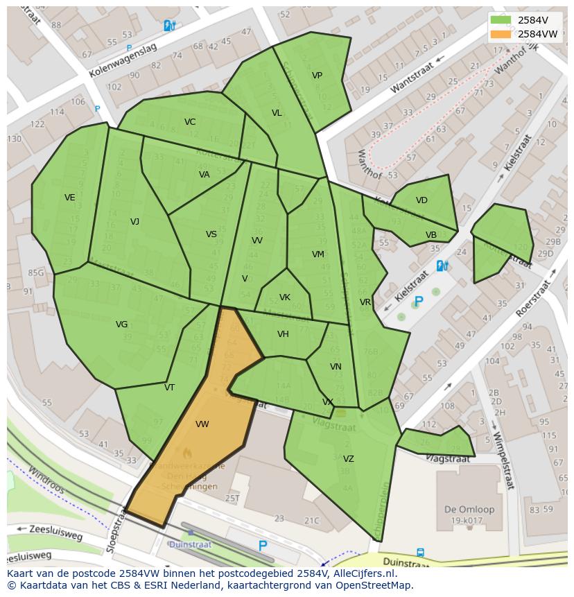 Afbeelding van het postcodegebied 2584 VW op de kaart.