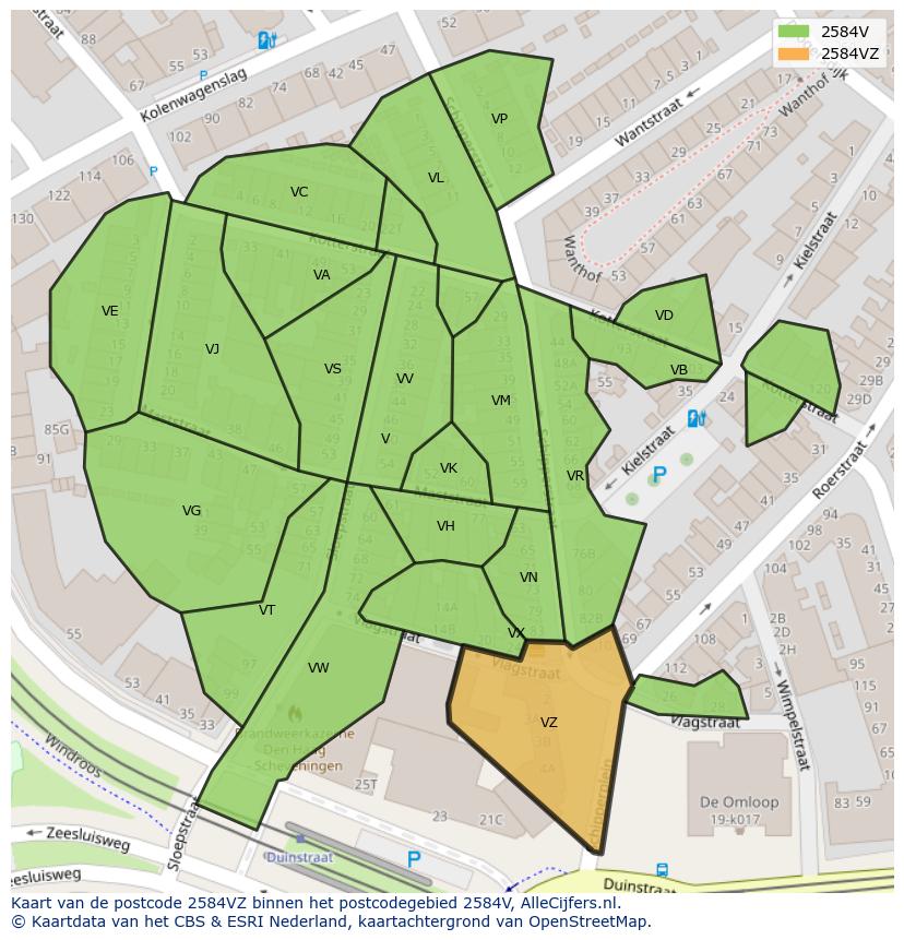 Afbeelding van het postcodegebied 2584 VZ op de kaart.